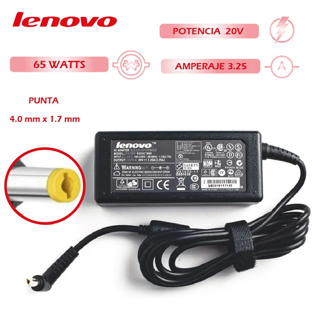 GENERICO - Cargador Compatible Laptop Lenovo 20v 3.25a 65w 4.0 x 1.7mm