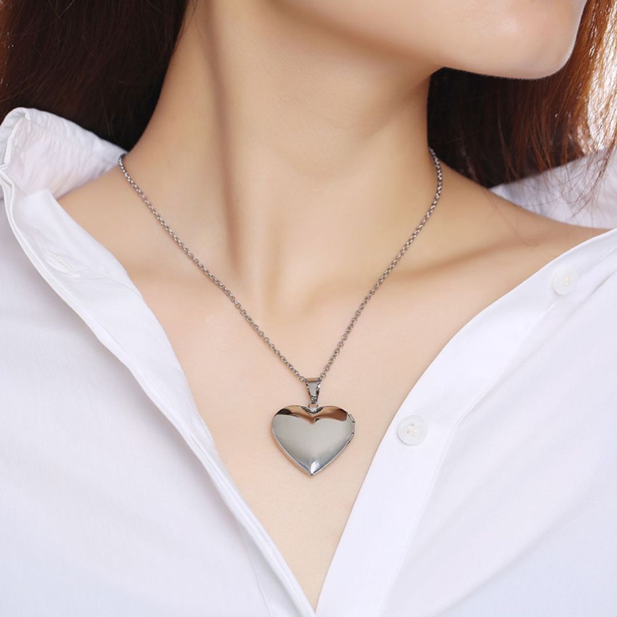 GENERICO - Collar Corazón Portafoto Relicario Acero Inoxidable Plateado Mujer