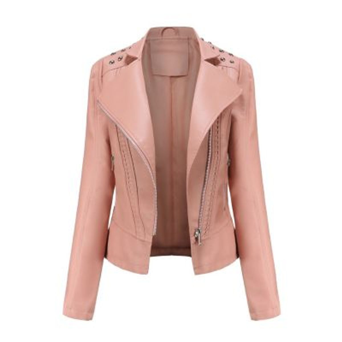 BLWOENS - Chaqueta de cuero PU con remaches de liso para mujer-ROSA
