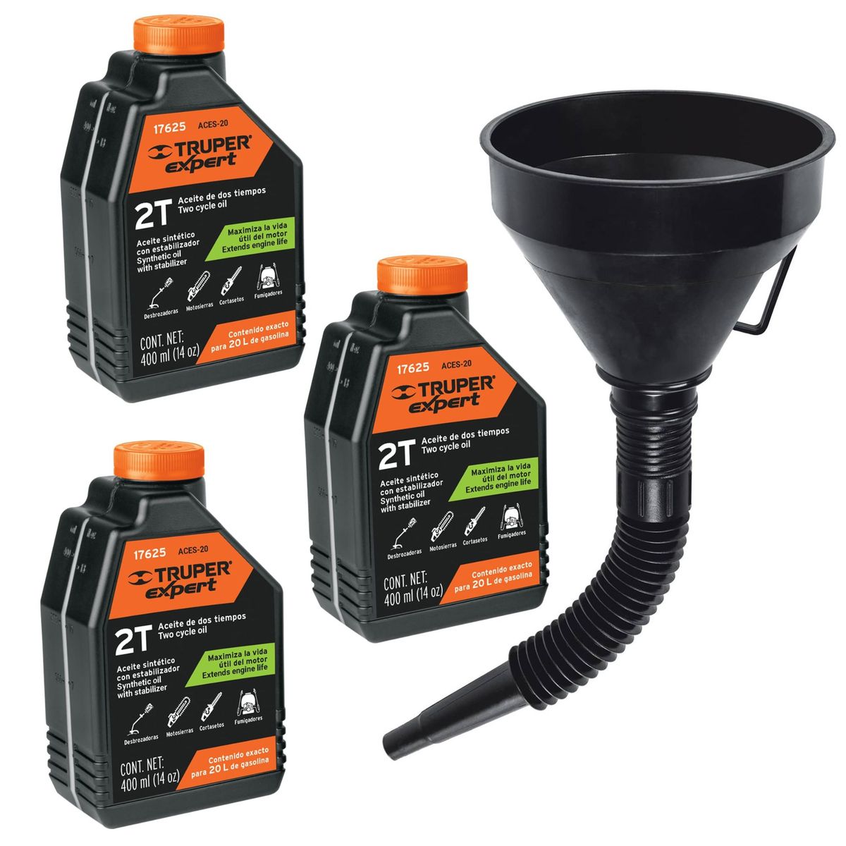 TRUPER - Aceite dos tiempos pack 3 unidades, 1 Embudo, COMBO TRUPER