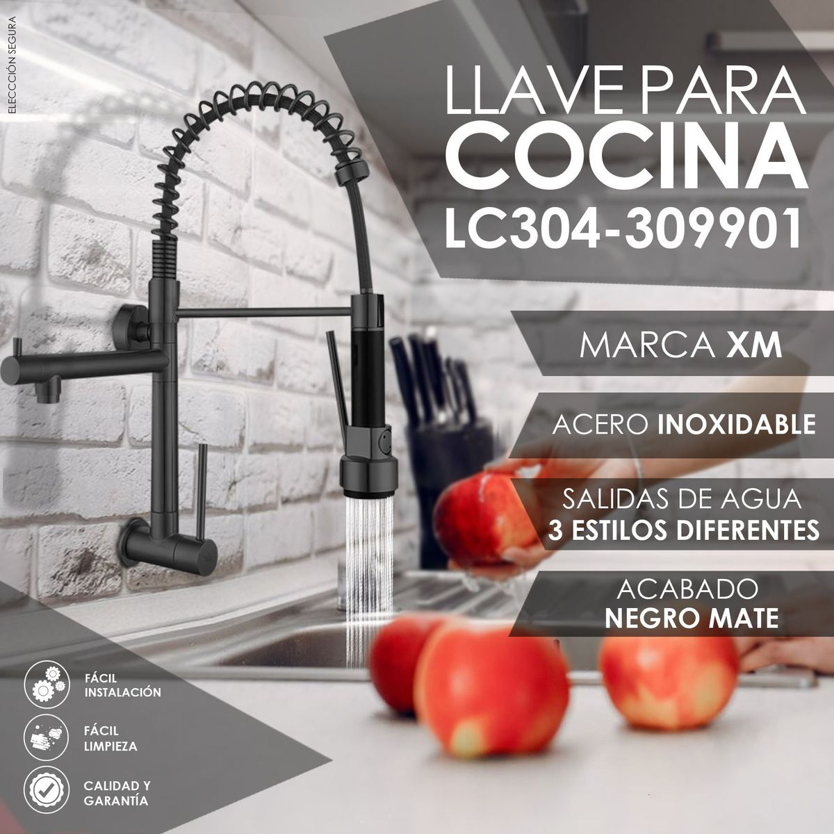 XM - LLAVE DE COCINA DOBLE PICO PARED NEGRO RETRACTIL LC304-309901