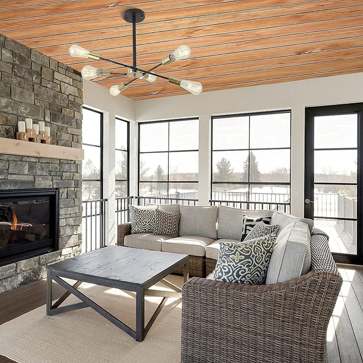 GENERICO - Lámpara colgante modelo araña color dorado con negro - Incluye 6 focos