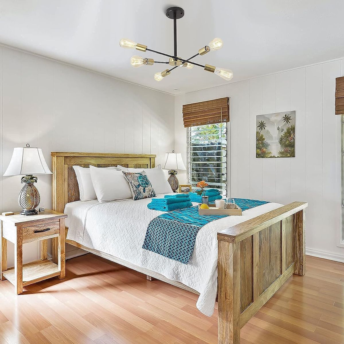 GENERICO - Lámpara colgante modelo araña color dorado con negro - Incluye 6 focos