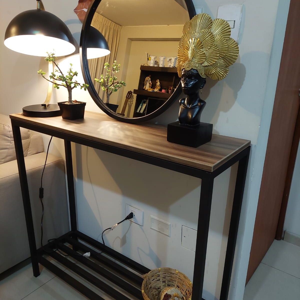 GENERICO - Recibidor de sala color nogal 2 niveles de metal 100x30x93 + espejo