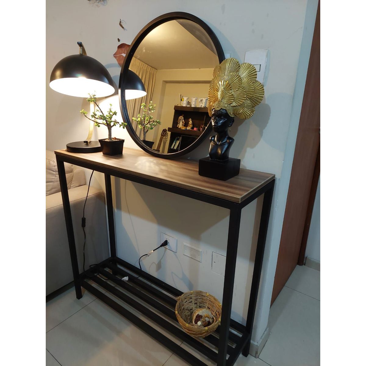 GENERICO - Recibidor de sala color nogal 2 niveles de metal 100x30x93 + espejo
