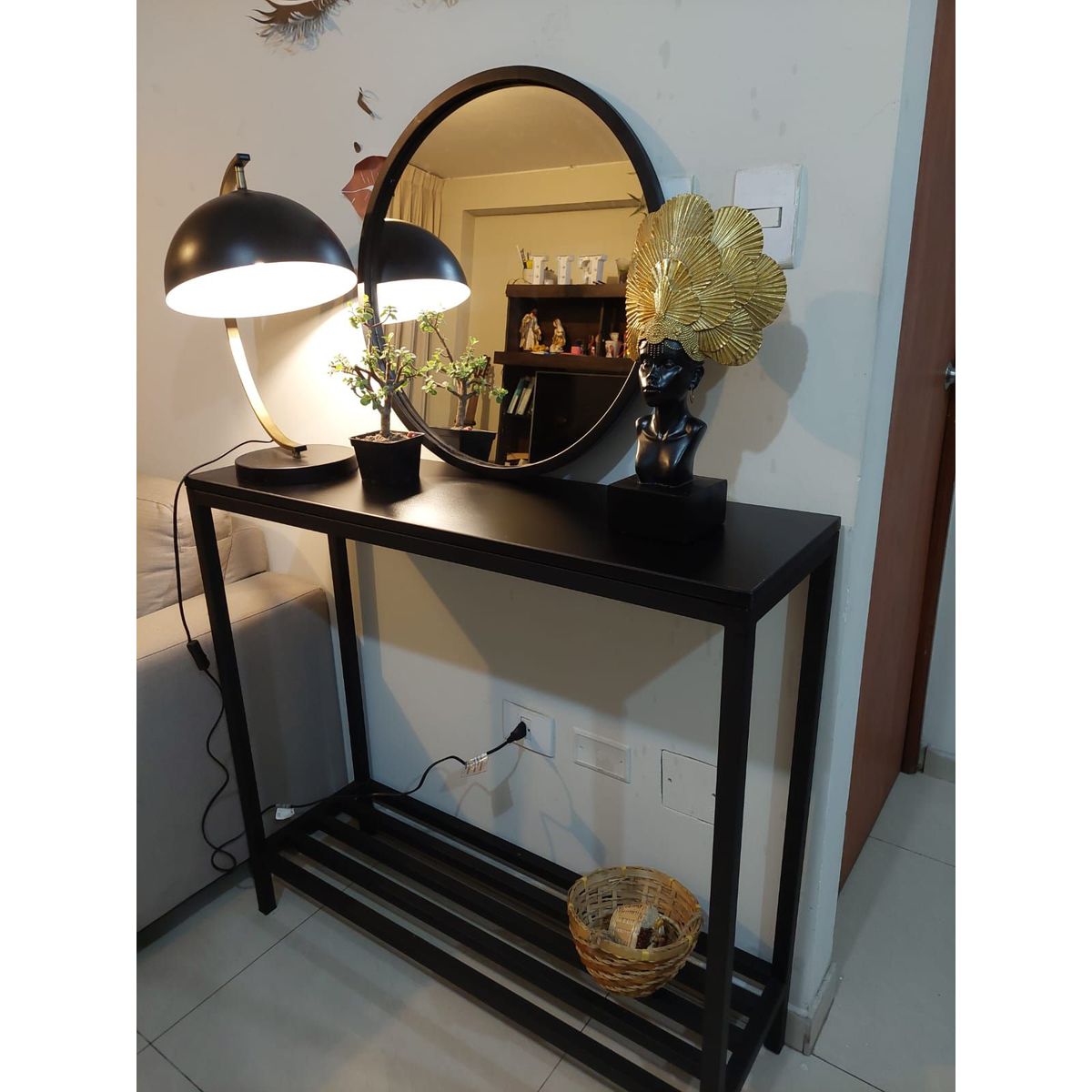 GENERICO - Recibidor de sala color negro 2 niveles de metal 100x30x93 + espejo