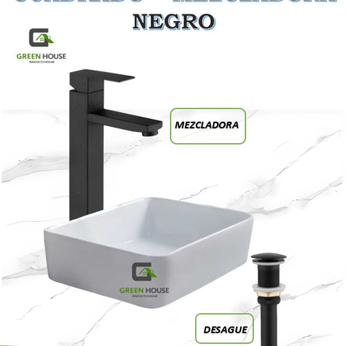 GREEN HOUSE - COMBO DE LAVATORIO CUADRADO + MEZCLADORA NEGRO