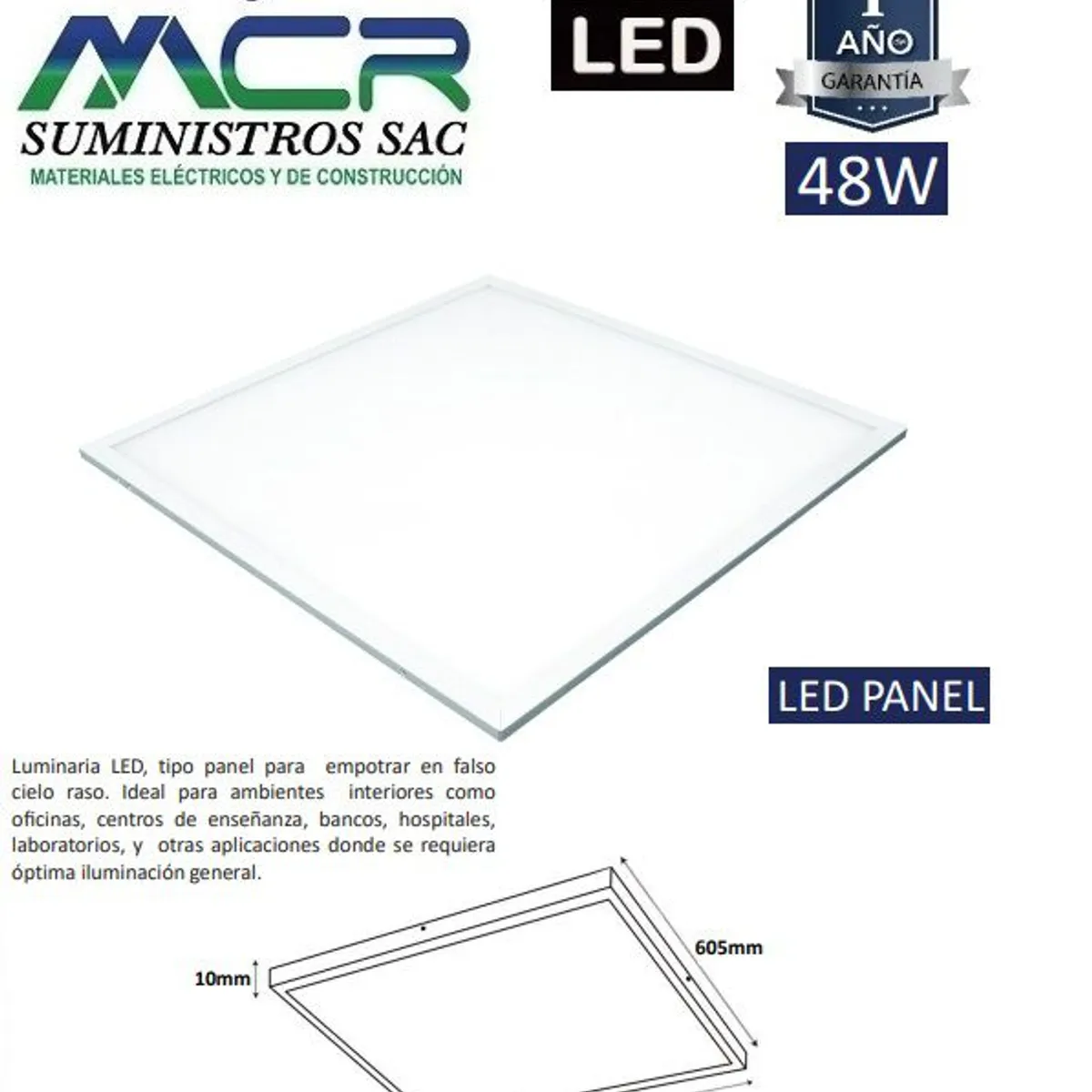 IMPORTADO MC - PANEL LED PARA EMPOTRAR 60X60 cm 48W 6500K LUZ BLANCO FRIO