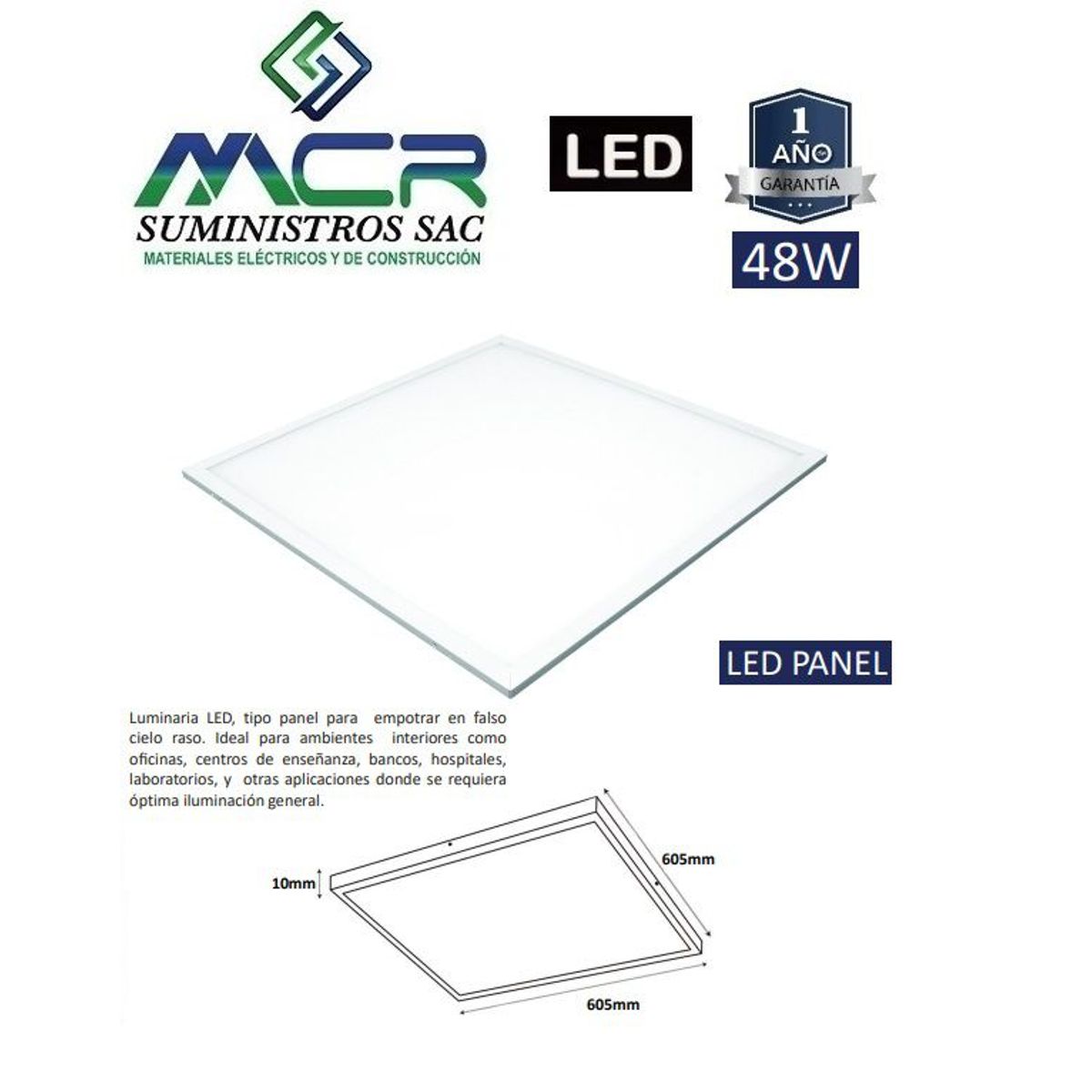 IMPORTADO MC - PANEL LED PARA EMPOTRAR 60X60 cm 48W 6500K LUZ BLANCO FRIO