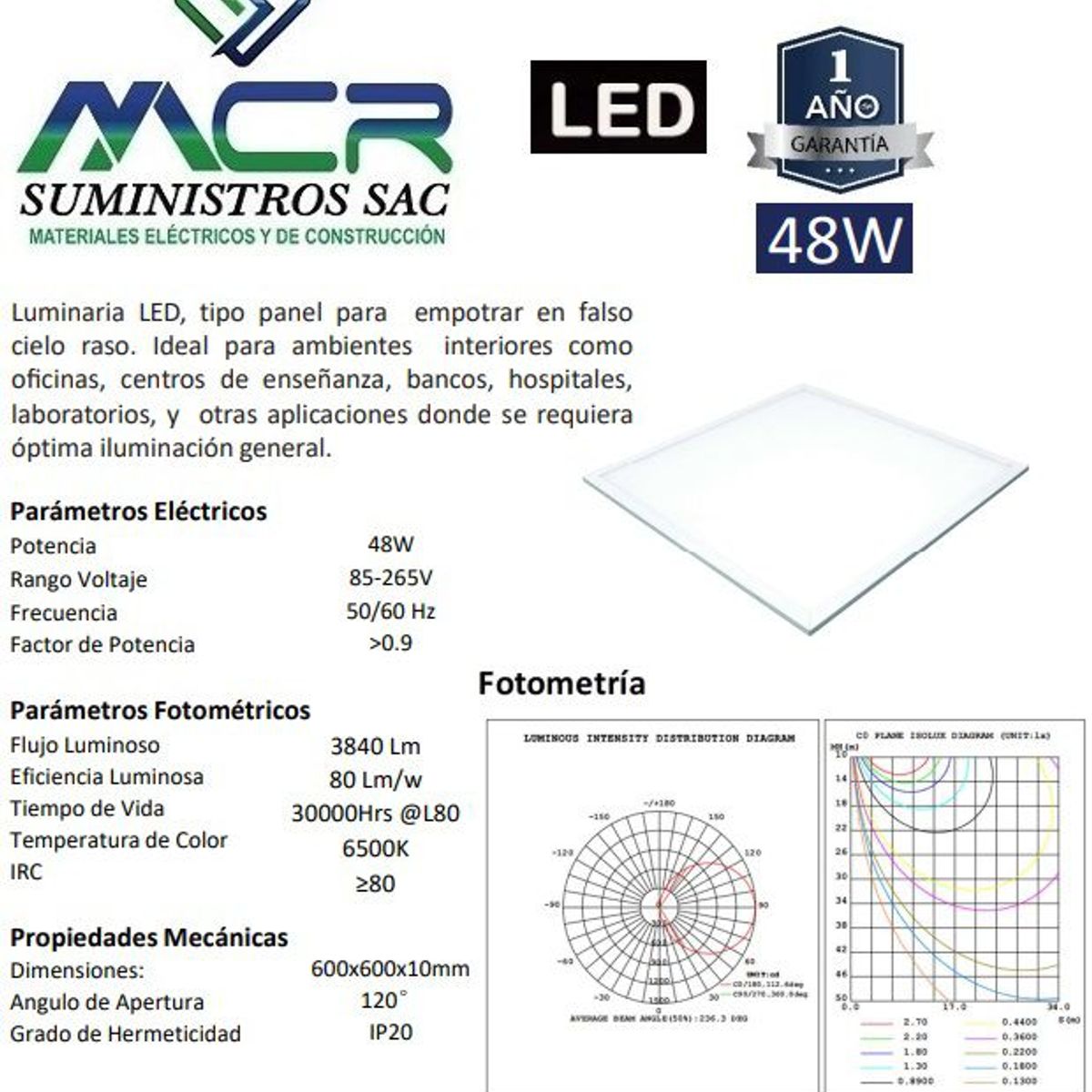 IMPORTADO MC - PANEL LED PARA EMPOTRAR 60X60 cm 48W 6500K LUZ BLANCO FRIO