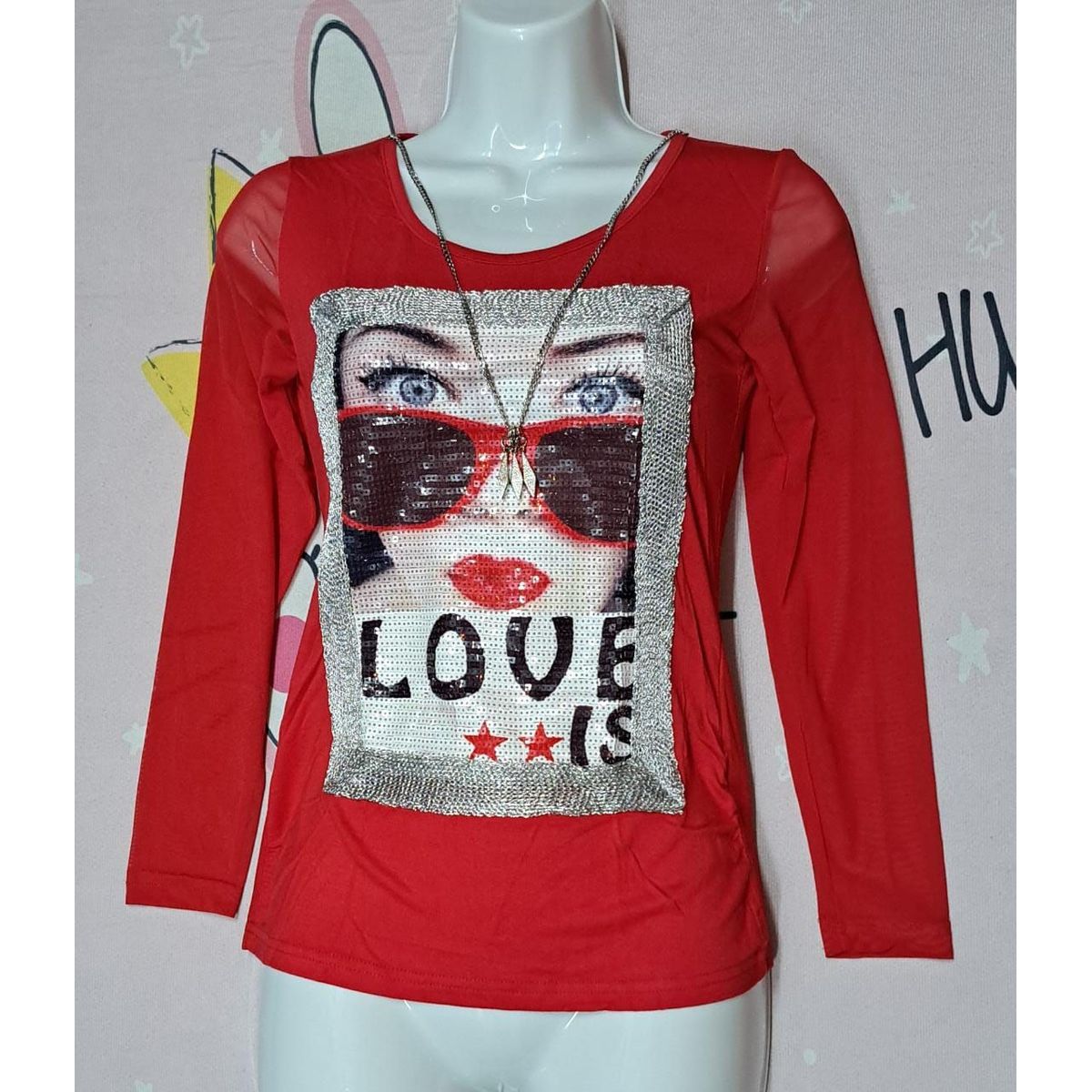 GENERICO - Polo Blusa ROJO APLIQUE LOVE IS LENTEJUELA TALLA SM  Dealcoba..