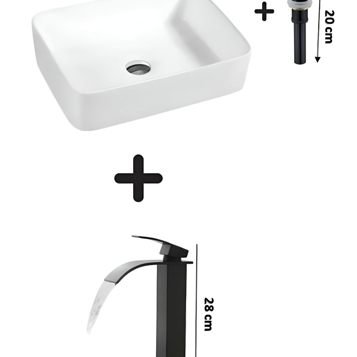 GENERICO - COMBO DE LAVATORIO CUADRADO MAS GRIFERIA COLOR NEGRO Y DESAGUE