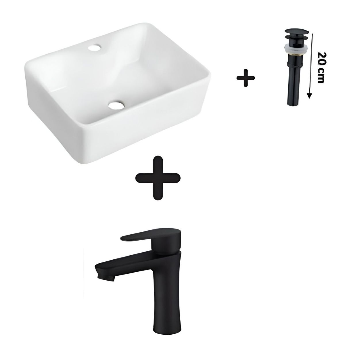 GENERICO - COMBO DE LAVATORIO CUADRADO MAS GRIFERIA COLOR NEGRO Y DESAGUE