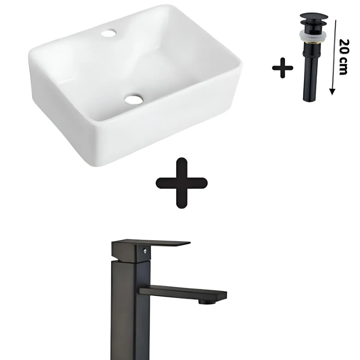 IMPORTADO MC - COMBO DE LAVATORIO CUADRADO MAS GRIFERIA COLOR NEGRO Y DESAGUE