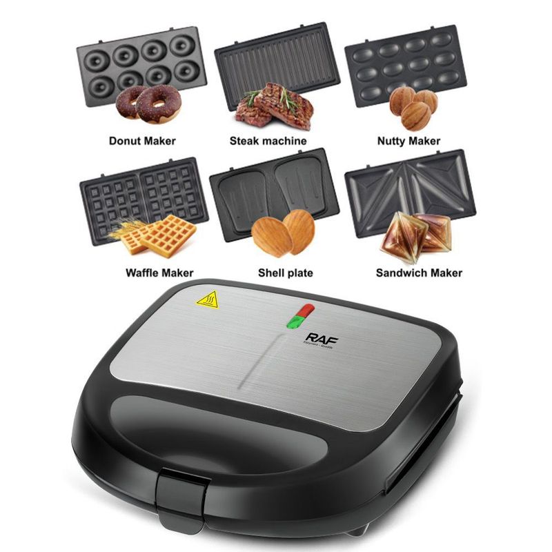 GENERICO - Sandwichera Wafflera 6 en 1  850W 6 Moldes para Donas Wafles Nutty