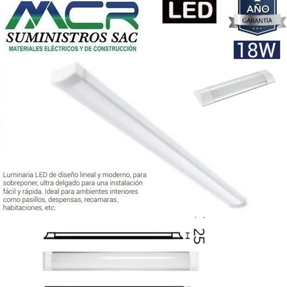 GENERICO - PRISMATICO LED LINEAL 18W 265V IP20 ADOSABLE 60 CM 3000K LUZ CALIDA