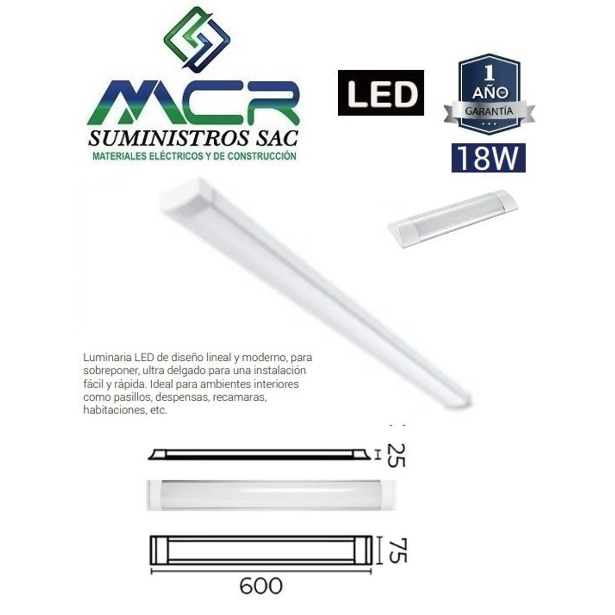GENERICO - PRISMATICO LED LINEAL 18W 265V IP20 ADOSABLE 60 CM 3000K LUZ CALIDA