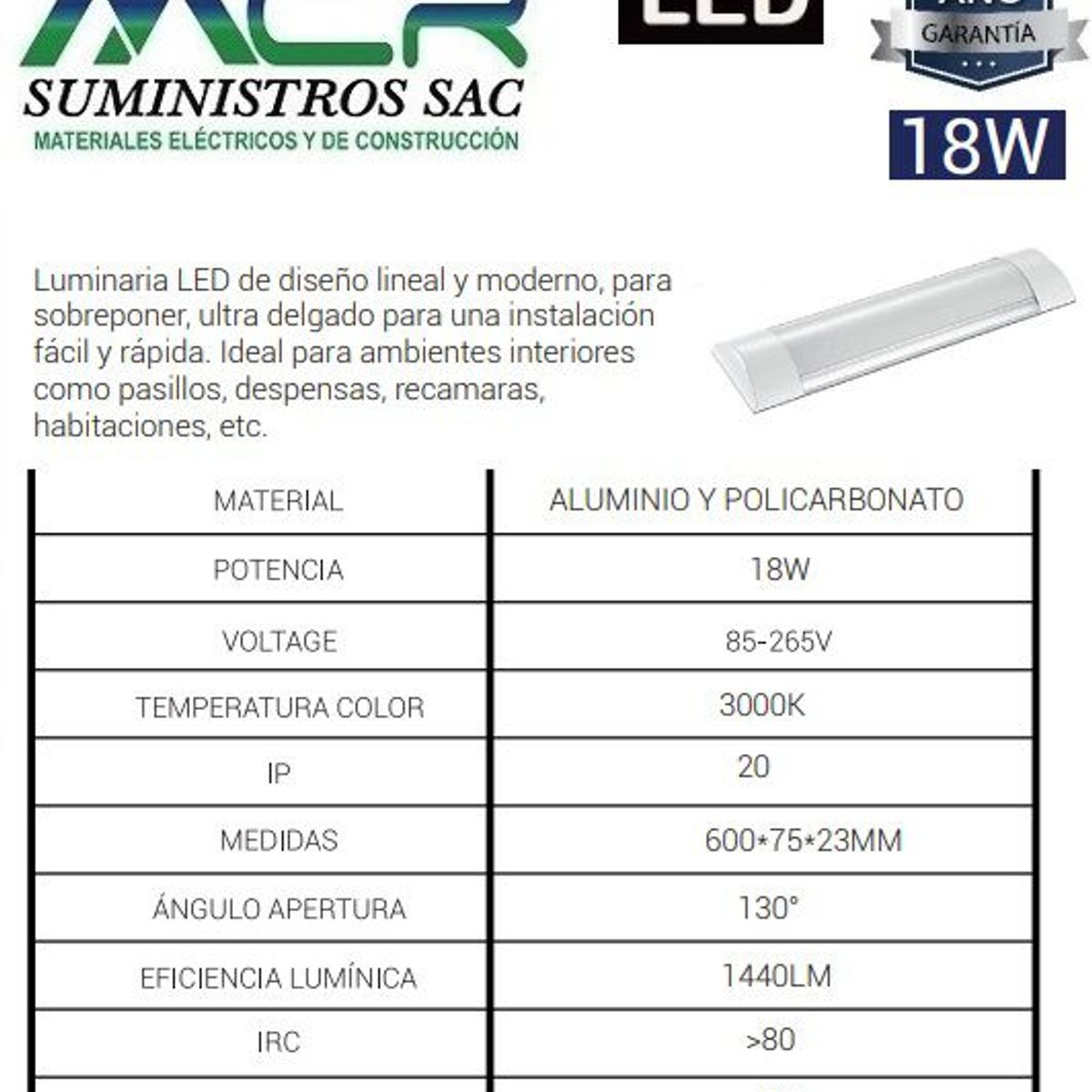GENERICO - PRISMATICO LED LINEAL 18W 265V IP20 ADOSABLE 60 CM 3000K LUZ CALIDA