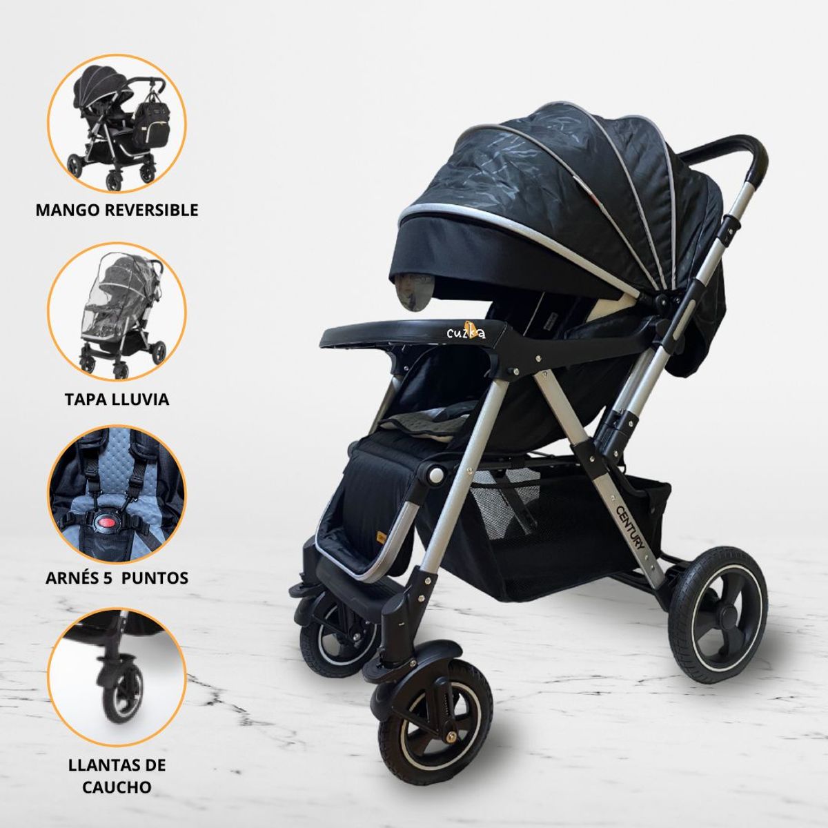 BABY HAPPY - Coche Cuna para Bebé Reversible «CENTURY» Black