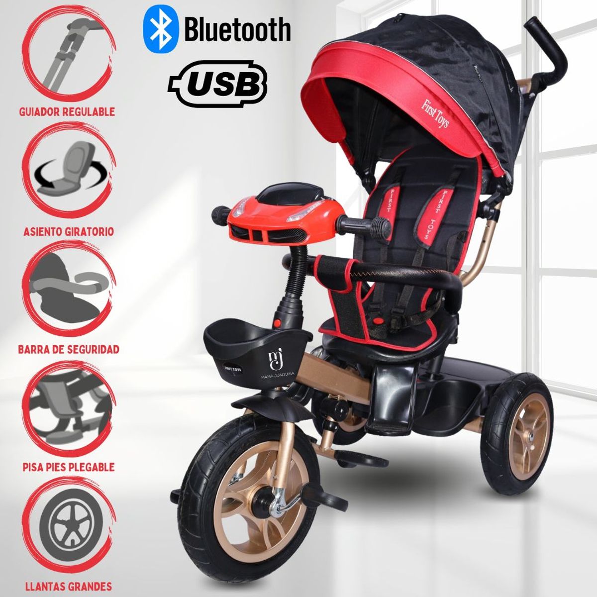 FIRST TOY - Triciclo Giratorio 3 en 1«RANGER GOLD» Red