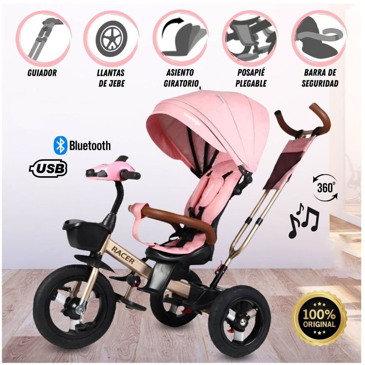VOYAGE - Triciclo Guiador para Niños Usb y Bluetooh «Racer» Rosado