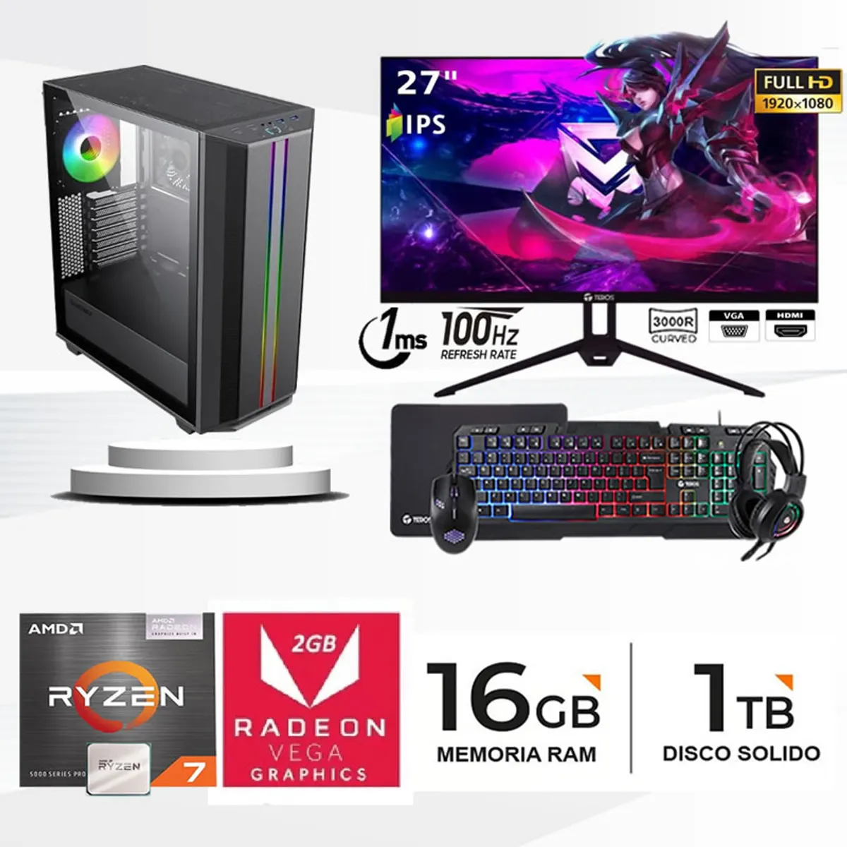 AMD - Computadora ryzen 7 5700g ram 16gb ssd 1TB monitor 27 full hd