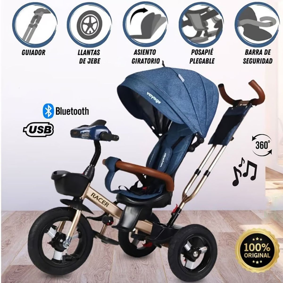 VOYAGE - Triciclo Guiador para Niños Usb y Bluetooh «Racer» Azul
