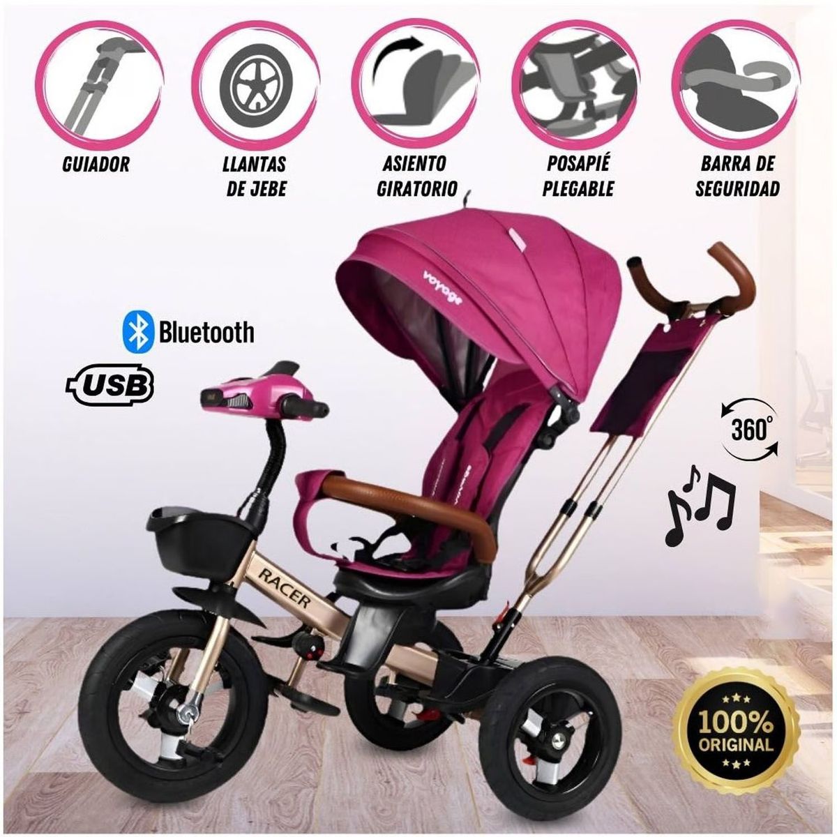 VOYAGE - Triciclo Guiador para Niños Usb y Bluetooh «Racer» Fucsia