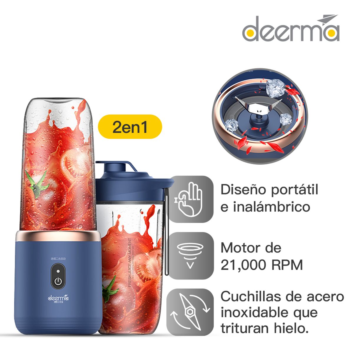 DEERMA - Licuadora Inalámbrica Portatil Acero Inoxidable 400 ml Azul 140W