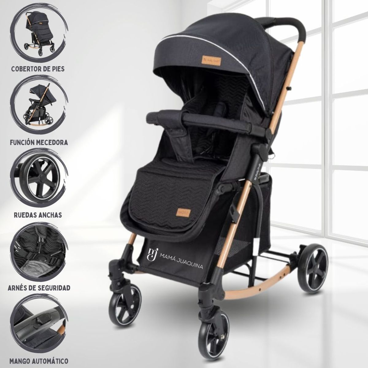 BABY HAPPY - Coche Cuna Mecedora de Lujo «MADRID LLANTÓN» Black