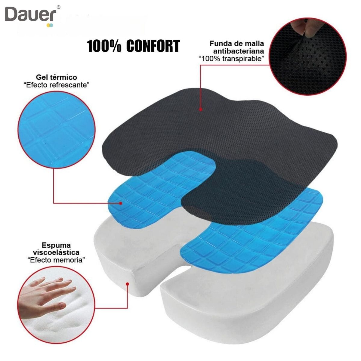 DAUER - Asiento Cojín Viscoelástico Gel Tech + Bambú Anatómico con forro y asa
