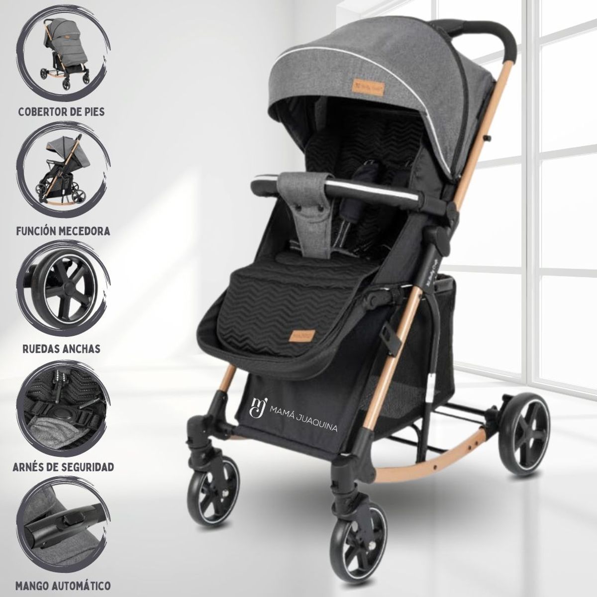 BABY HAPPY - Coche Cuna Mecedora de Lujo «MADRID LLANTÓN» Gray