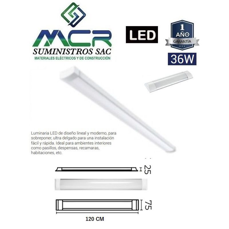 GENERICO - LED LINEAL 36W 265V IP20 ADOSABLE 120 CM 3000K LUZ CALIDA