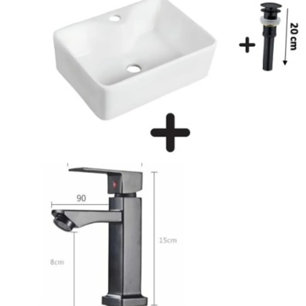 GREEN HOUSE - COMBO DE LAVATORIO CUADRADO MAS GRIFERIA COLOR NEGRO Y DESAGUE