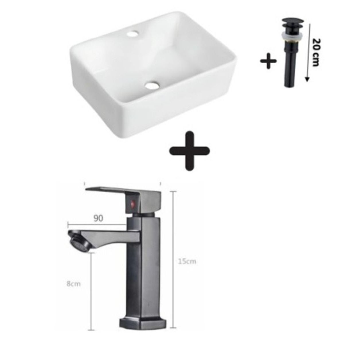 GREEN HOUSE - COMBO DE LAVATORIO CUADRADO MAS GRIFERIA COLOR NEGRO Y DESAGUE