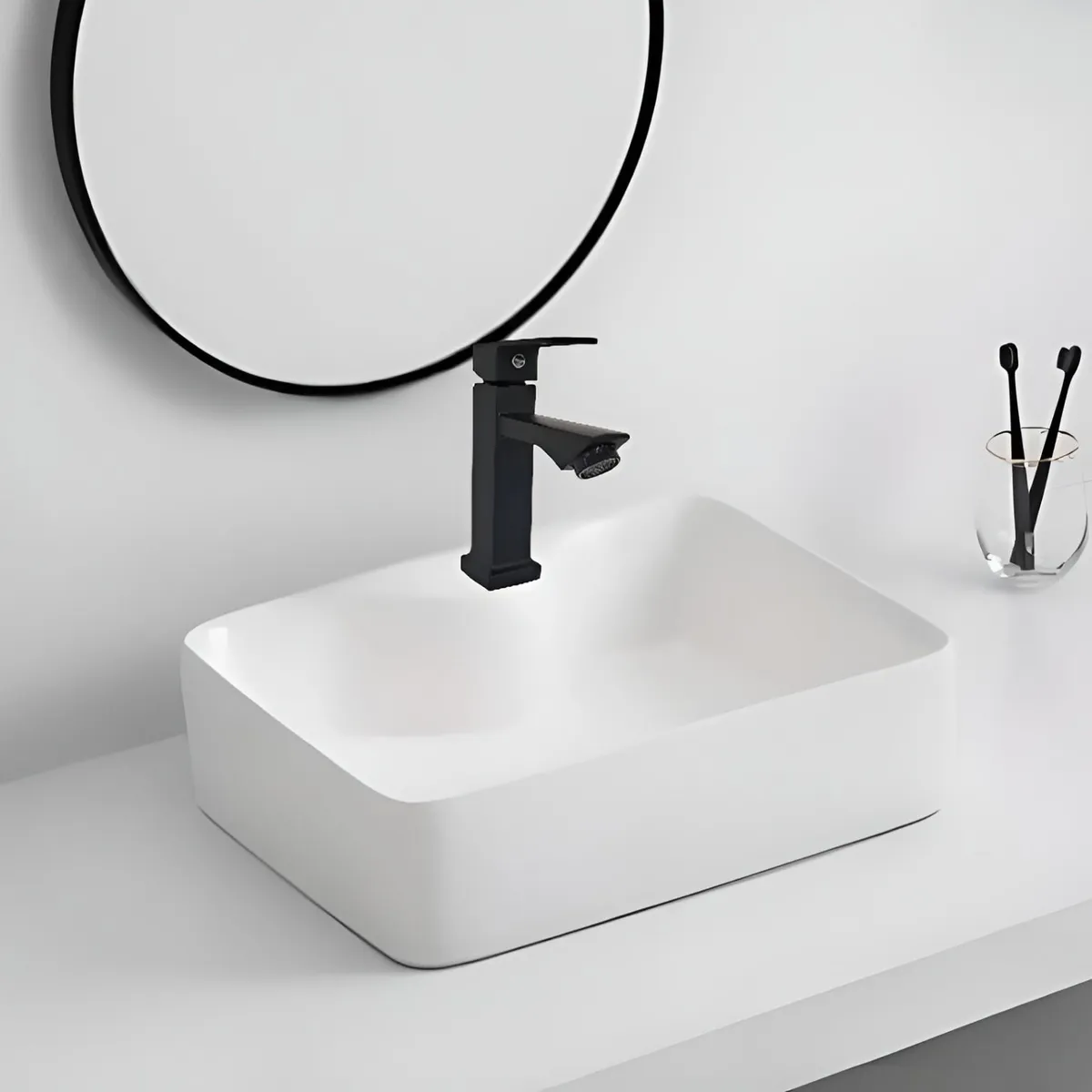 GREEN HOUSE - COMBO DE LAVATORIO CUADRADO MAS GRIFERIA COLOR NEGRO Y DESAGUE