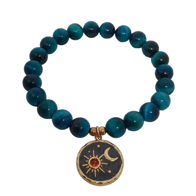 LUCYANA JOYAS Y ACCESORIOS - Pulsera Mujer Cuarzo Ojo de Tigre Azul con Sol y Luna - JOYAS LUCYANA