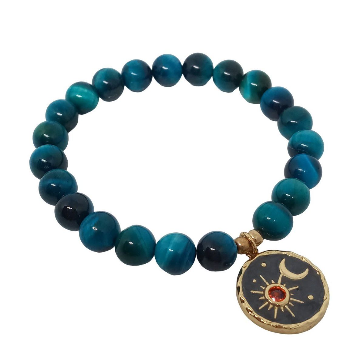 LUCYANA JOYAS Y ACCESORIOS - Pulsera Mujer Cuarzo Ojo de Tigre Azul con Sol y Luna - JOYAS LUCYANA