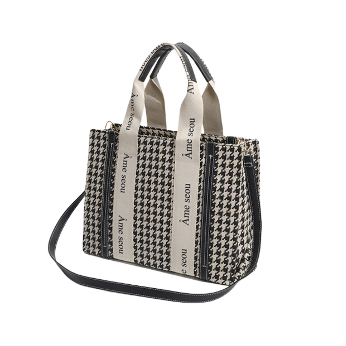 GENERICO - Cartera Tote de Tela Pata de Gallo con Doble Asa y Correa Ajustable