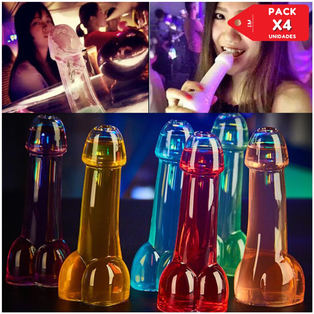 IMPORTADO MC - Juego 4 Vasos de Cóctel para Fiestas Estilo Penis Pack x 4 Copa pene