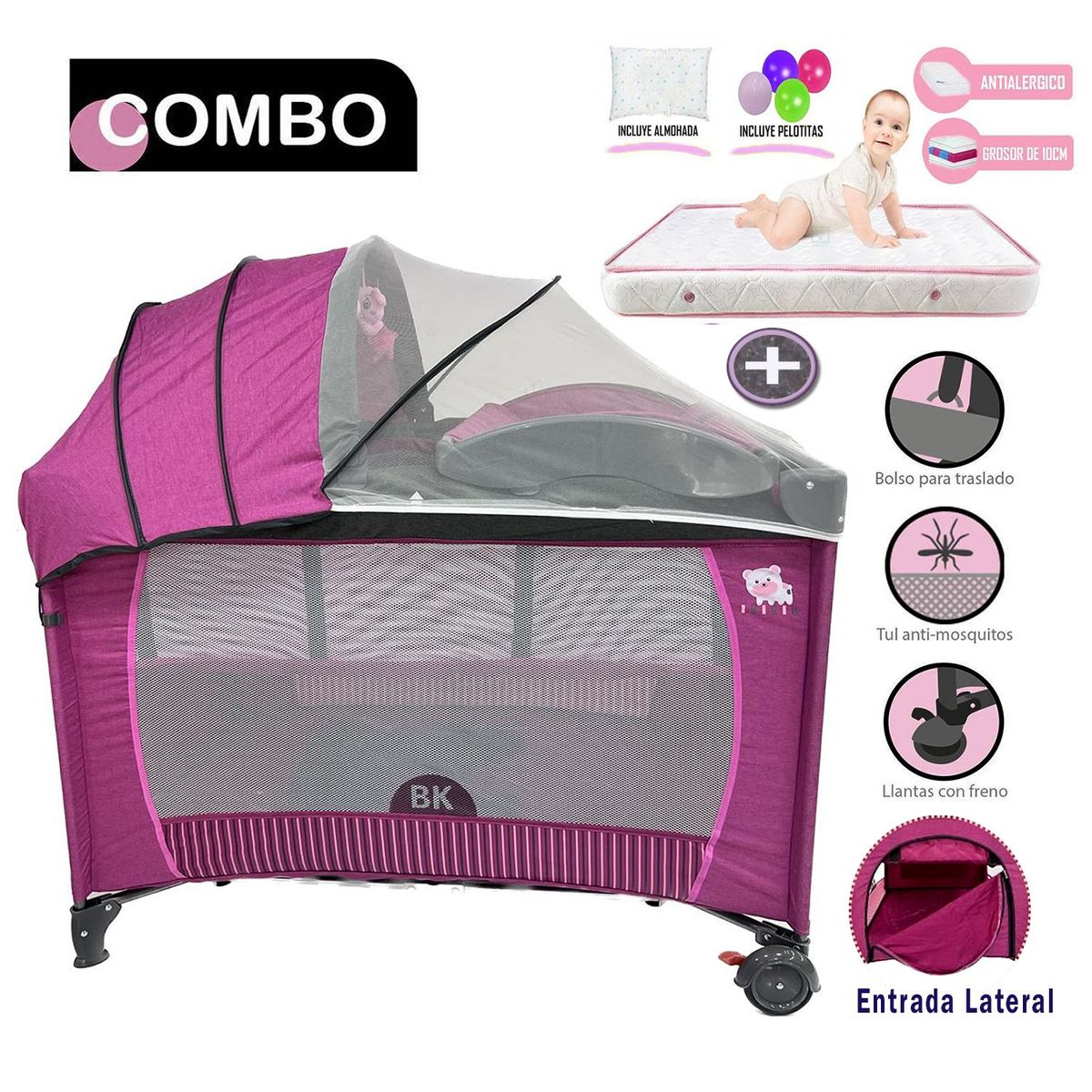 BABY KITS - Cuna Corral para Bebé Baby Kits Roma Rosado  Colchón