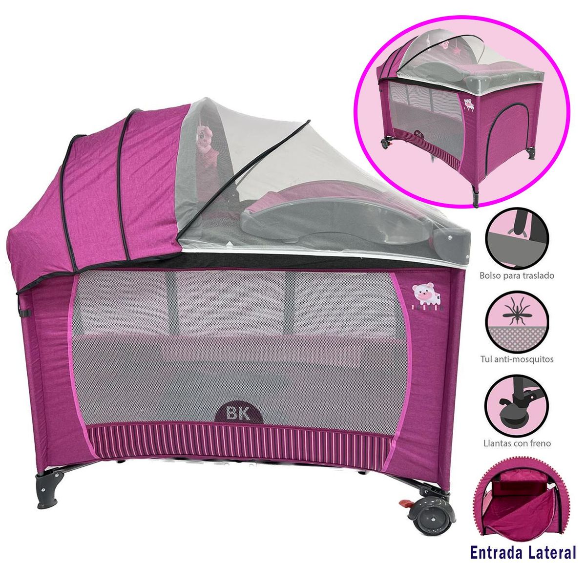 BABY KITS - Cuna Corral para Bebé Baby Kits Roma Rosado  Colchón