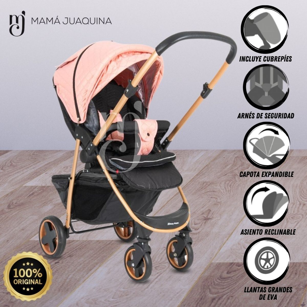 BABY HAPPY - Coche Cuna De Lujo «VALENCIA GOLD» Original Light Pink