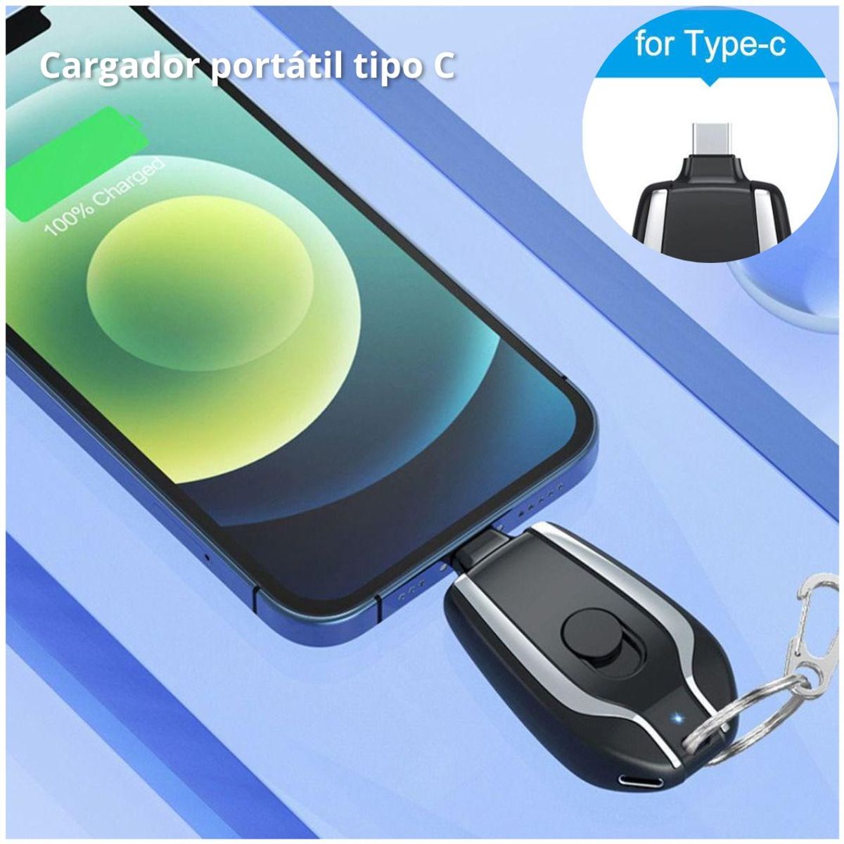 GENERICO - Cargador de celular llavero portatil Tipo C - Negro