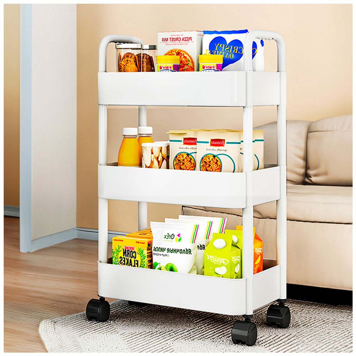 KELLER - Carrito Organizador Estante 3 Niveles con Colgadores y Ruedas para Cocina JK3 BL