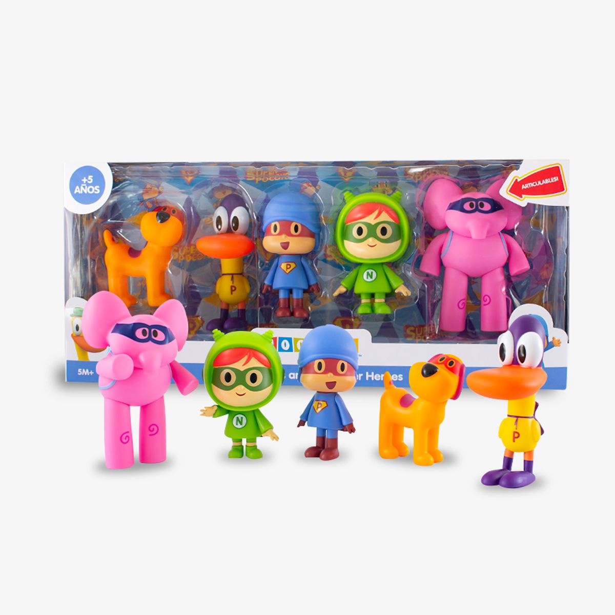 POCOYO - SET DE POCOYO Y SUS AMIGOS SUPER HEROES DE JEBE Y COLECCIONABLES