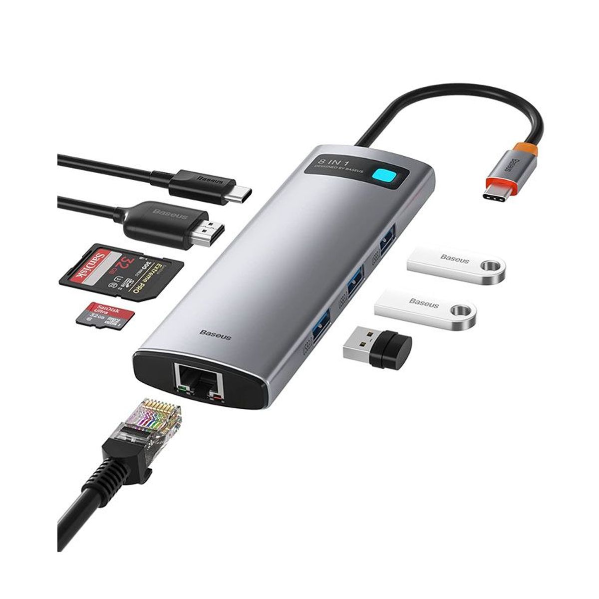 BASEUS - Adaptador Baseus USB-C 8en1 HUB, HDMI RJ45 USB 3.0 para MacBook, Laptop