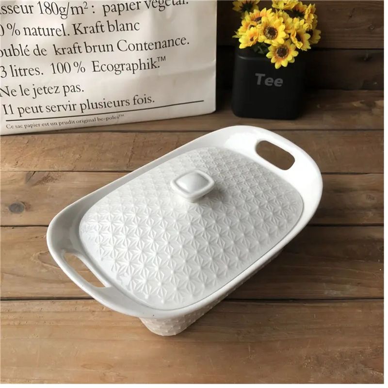 GENERICO - Fuente Sopera Rectangular de Porcelana Blanca con Finos Tallados de Puntos