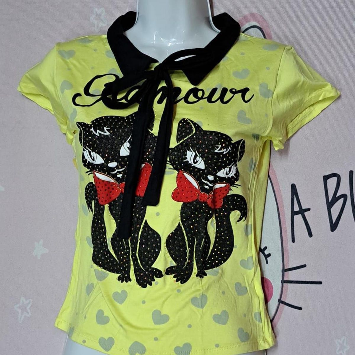 GENERICO - POLO ELEGANTE ALGODON ESTAMPADO 2 GATAS CUELLO   TALL S M Dealcoba.