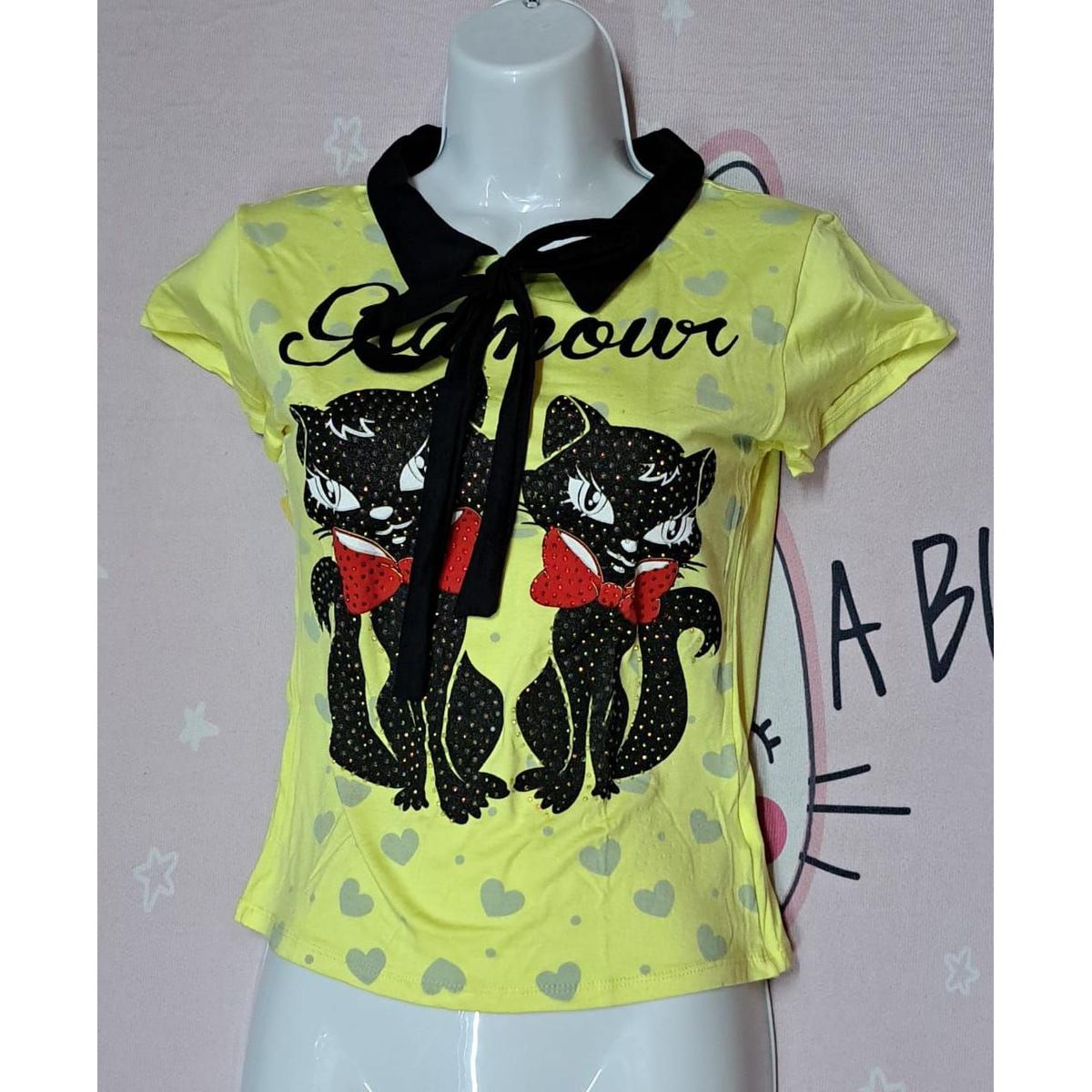 GENERICO - POLO ELEGANTE ALGODON ESTAMPADO 2 GATAS CUELLO   TALL S M Dealcoba.